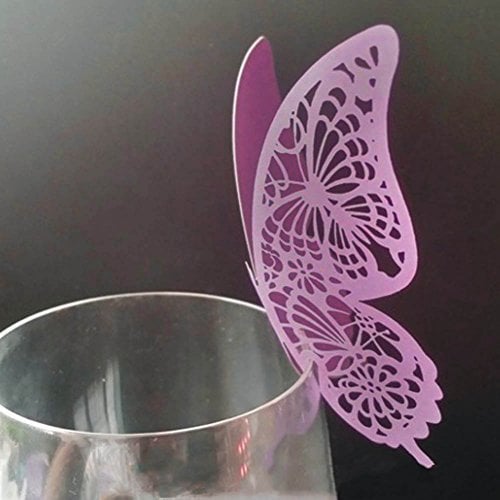 zhangming® 50 stücke DIY Schmetterlinge Tischkarten Namenskarten Glasanhänger Weinglas Cup Deko Platzkarten für Hochzeit Party Tischdeko (Lila)