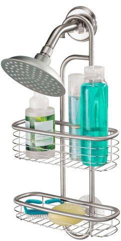 iDesign panier de rangement à suspendre, petit valet de douche en acier inoxydable pour shampoings et gels douches, panier de bain avec 2 compartiments, argenté