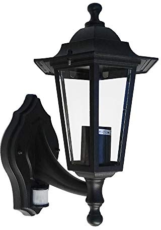 Außen-Garten-Wand-Leuchte-Lampe KINGSTON mit Bewegungsmelder schwarz, Alu-Druckguss, H: 34,5cm, Deckel: 19,5 cm, Halterung: 22x12cm, IP44, Eingangs-Balkon-Terrasse-Leuchte-Lampe
