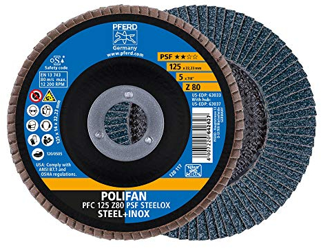 PFERD Fächerscheibe POLIFAN 10 Stück | Ø 125 mm, Z 80, konisch, PSF STEELOX | 67768125 für Stahl und Edelstahl (INOX)