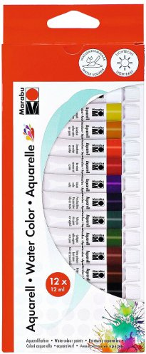 Marabu 1211000000200 - Aquarellfarbenset, transparente feuchte Aquarellfarben auf Wasserbais, lichtbeständig, geeignet für Papier, Leinwand und Malkarton, 12 x 12 ml Farbe