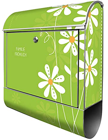 banjado® Design Briefkasten personalisiert WT Gänseblümchen 38,5x46,5x13cm & 2 Schlüssel - Briefkasten Stahl Silber Zeitungsfach pulverbeschichtet - Postkasten A4 Einwurf inkl. Montagematerial
