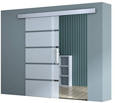 doporro Porte Coulissante en Verre pour L'intérieur 90cm x 205cm Verre de Sécurité Bandes Opaques Poignée Barre Porte Glissante Distance au Mur de 15mm avec Amortisseur Amalfi 13