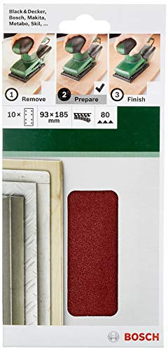 Bosch Accessories 2609256A82 Feuilles abrasives pour Ponceuses vibrantes 93 x 185 Nombre de trous 8 Grain 80 Lot de 10 feuilles