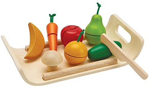 PlanToys Obst & Gemüse - Fruit Set Holz 10-teilig - Kinderküche Zubehör aus Holz - Früchte sind schneidbar mit Klettverschluss-System - Holzspielzeug