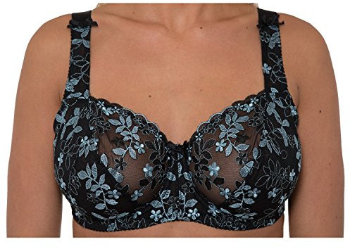 Gemm Ladies Black Turquoise Embroidered Large Bosom Lace Underwired Firm Bra Plus Size Cup (36 DD)