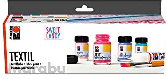 Marabu 1716000000096 - Textil Starter Set Sweet Candy, Stoffmalfarbe, Wasserbasis, für helle Stoffe, waschbeständig bis 60°C, für Stoffmalerei und -druck, 4 x 15 ml Farbe, Fashion Liner und Pinsel