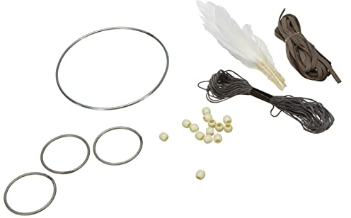 Rayher 66045000 Bastelset Traumfänger, Dreamcatcher aus Metallringen, Perlen, Garn und Federn, Länge ca. 33 cm, Breite ca. 17 cm, weiß/grau, Deko-Hänger, Wanddekoration, Mittel