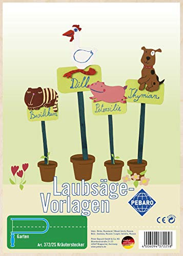 Pebaro 372/2S Laubsägevorlage Kräuterstecker, Holz, DIN A4 3mm Sperrholz DIN A 4, Motiv vorgedruckt, aussägen mit Laubsägebogen, basteln, anmalen, fertig, Basteln mit Holz, Geschenkidee, Gartendeko