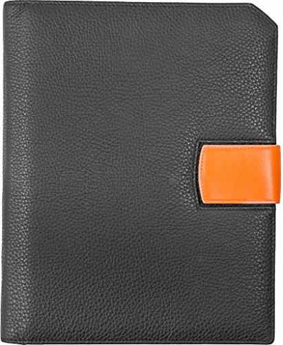 Tablet-Mappe/Terminplaner HelfRecht Mappe Office Tablet aus Leder/Personal Organizer/inkl. Kalendarium für 2023 - schwarz, Lasche orange