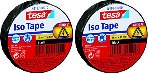 Tesa 56192 Iso Tape Isolierband für Elektrik 10 m x 15 mm, schwarz, 2 rouleaux