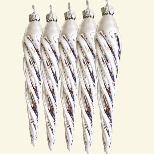 Lauschaer Glaskunst-Christbaumkugel Eiszapfen 12 cm - 4 Stück Silber Glänzend - Weihnachtsbaumschmuck