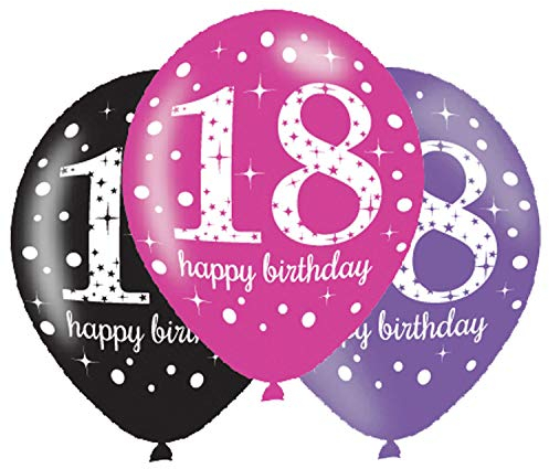 Amscan 9900874 - Latexballons 18 Happy Birthday, 6 Stück, Luftballons, Geburtstag, Dekoration, Schwarz, Pink, Lila