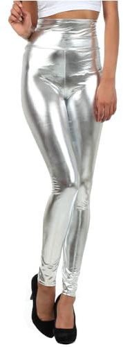 Sakkas 2616 Shiny Liquid Metallic High Taille Stretch Leggings - Silber - S