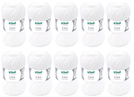 Gründl Wolle Lisa Premium uni - 10 x 50 g - Wolle zum Häkeln - Wolle zum Stricken - 100 % Polyacryl- Weich & Pflegeleicht- Nadelstärke 3,5-4,5 - Weiß