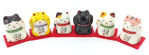 Yakushigama Mini Maneki Neko Set - 6 Antique Black Porcelain Cat Figurines