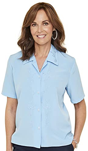 Chums Ladies Embroidered Blouse Short Sleeve Button Up Blue 20