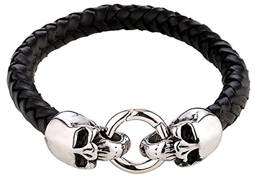 DonDon Herren Lederarmband schwarz geflochten mit einem Totenkopf Verschluss