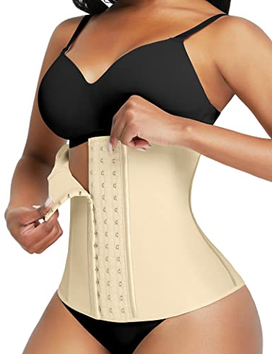 FeelinGirl Damen Taillenmieder Latex von 9 Stahlknochen Ausbildung Korsage Unterbrust Korsett Waist Cincher Waist Trainer mit 3 Reihen Haken Beige L