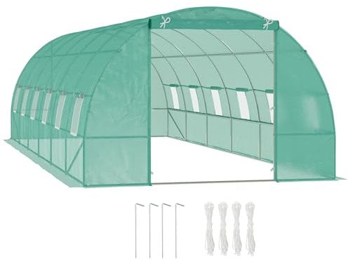 Outsunny Serra da Giardino a Tunnel 8x3x2 m con Porta Avvolgibile, Serra per Orto a Cupola con 12 Finestre, Copertura in PE e Struttura in Acciaio, Verde