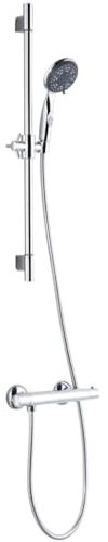 SCHÜTTE Aqua2Save Brausestangenset mit Thermostat, Duschset aus Mischbatterie und Handbrause mit Antikalk-Noppen, 5 einstellbaren Strahlarten und Wasserstopfunktion, Chrom Brausegarnitur, 52545