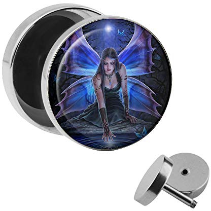 Treuheld | Ohrstecker zum Schrauben - FEE - blau - Ø 10mm Silber - Elfe, Elf, Elbe, Elb, Eleve - Motiv Fake-Plug Edel-Stahl Ohr-Ringe - Chirurgen-Stahl 316L Fake-Tunnel - Gewinde Ohr-Stecker