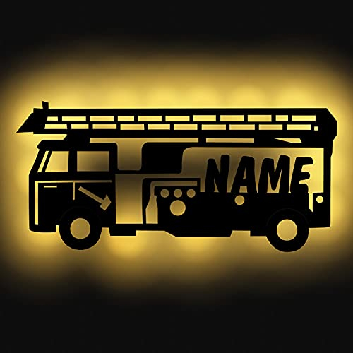 Personalisiertes Nachtlicht Wand-Lampe Holz Feuerwehr-auto mit Namen ideal als Geschenk für Feuerwehrmänner Jungs Mädchen Männer