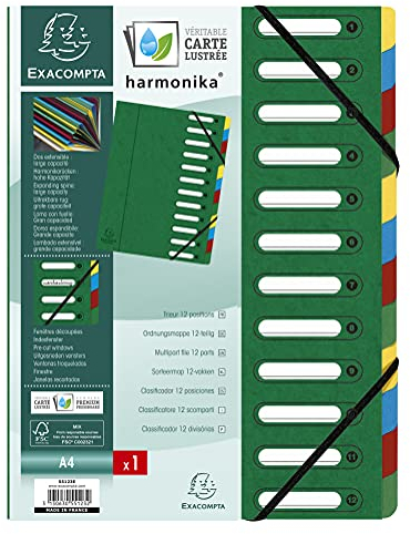 Exacompta 55123E Premium Ordnungsmappe Harmonika. Aus extra starkem Colorspan-Karton DIN A4 12 Fächer und 2 Gummizüge mit Indexfenster und dehnbarem Rücken Register-Mappe grün