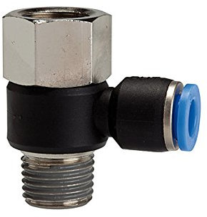 Connettore a L » Serie blu, girevole, Rc/R 1/4 i./a., per tubo esterno Ø 8 mm, pressione di lavoro max. 15 bar, plastica/MS vern.