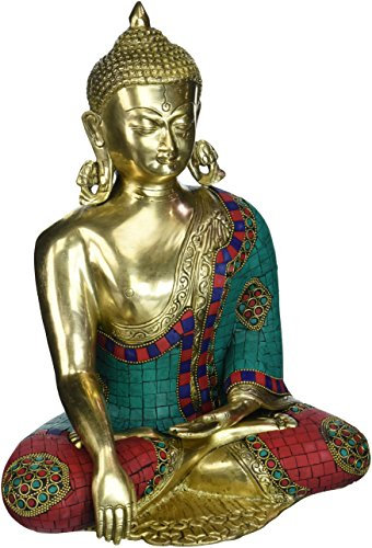 craftvatika 30,5 cm Große Buddha Idol Buddhismus Messing Skulptur türkis Erde Berühren Buddha