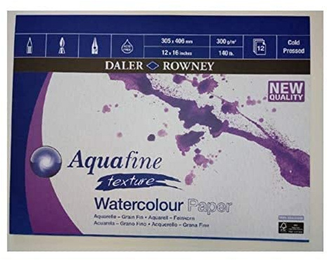 Daler-Rowney Aquafine Textured Cold-Pressed Watercolour & Gouache 300gsm 16 x 12in Paper Pad, Glued 1 Side, Natural White, 12 Sheets, Ideal for Professional & Beginner Artists, Acid-Free