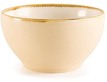 Olympia Kiln Porcelain Round Bowls 140mm Pack of 6, Sandstone | Hand-painted rims with a reactive glaze create a unique finish, protected by an edge chip warranty. Dishwasher safe.
