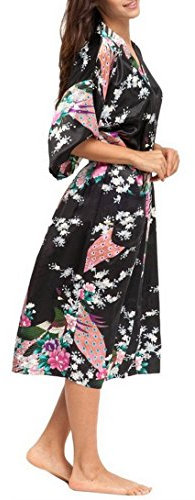 Chemise de Nuit Longue Vintage Paon Fleur avec Ceinture - Femme Robe de Chambre pour Eté Automne - Noir - Taille 2XL