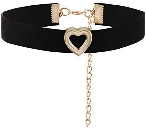 JewelryWe Schmuck Damen Choker Halskette, schwarz gotische Seil Goldrohr Velvet Spitze Choker Tattoo Punk Gothic Länge einstellbare Halsband mit Herz Anhänger