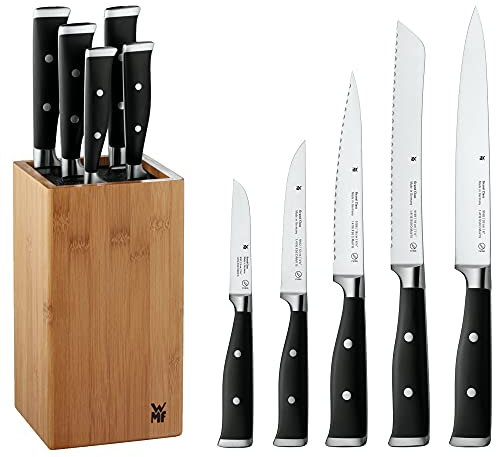 WMF Grand Class Messerblock mit Messerset 6teilig, Made in Germany, 5 Messer geschmiedet, Bambus-Block, Kunststoff-Borsteneinsatz Performance Cut