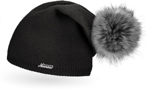 Neverless® außergewöhnliche Damen Strickmütze mit Fell-Bommel, Strick-Beanie schwarz Unisize