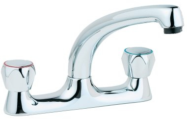 Deva DCM105 Kitchen Sink Bridge Mixer Tap with Chrome Finish Swivel Spout-Deck Mount Flow Round Hot & Cold Silver Handles-for Dual and Single Basin-12 Year Warranty