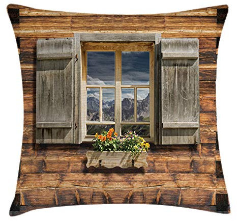 ABAKUHAUS Rustikal Kissenbezug, Blick vom Berghütte, Klöppelkissenhüllen mit Beidseitigen Druck Farbfest Waschbar und Reißverschluß, 40 x 40 cm, Braun Grün