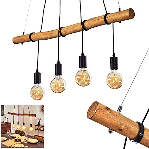 HOFSTEIN Pendelleuchte Seegaard, Hängelampe aus Metall/Holz in Schwarz/Braun, 4-flammig, 4 x E27, höhenverstellbare Hängeleuchte bis max. 122 cm, für Wohnzimmer, Esszimmer, Küche