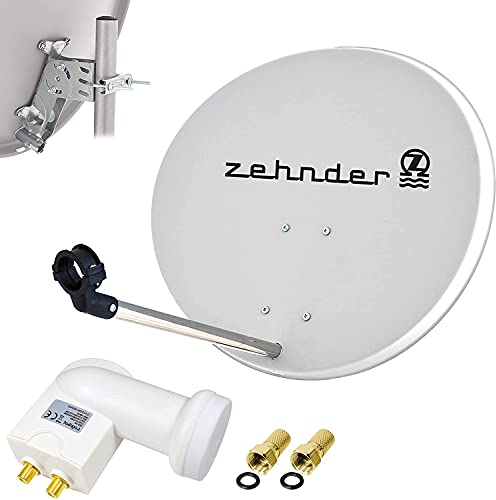 Zehnder 60cm Spiegel Schüssel Stahl + LogiSat Twin LNB | 2 Teilnehmer HD Digital SAT Anlage Set hellgrau | DVB-S/S2 Full HDTV 3D 4K Ultra HD UHD Empfang