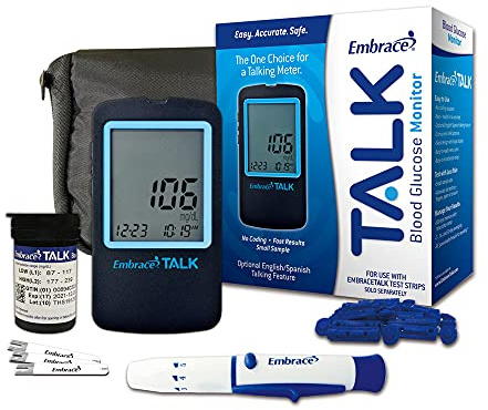Embrace Talk Diabetes Testing Kit – Embrace Talk Blood Glucose Meter, 50 Blood Test Strips, 1 Lancing Device, 30 Gauge Lancets-50 Count and Carrying Case