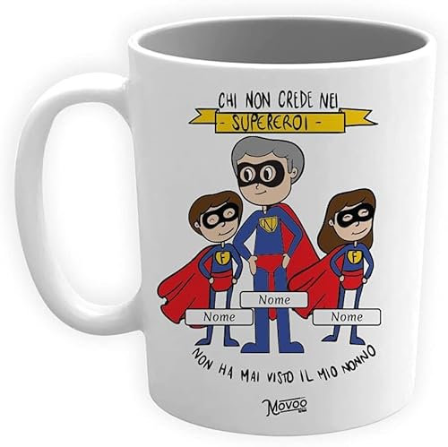 Movoo Design Tazza Nonno Supereroe Tazza/Mug Idea regalo Lavabile Festa dei Nonni Ceramica Personalizzata con Nomi