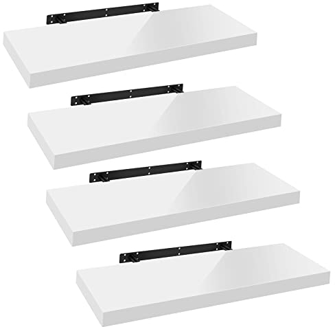 WOLTU Étagères Murales,Tablette Murale de Lot de 4, Étagère Flottante, Étagère à Livres, CD DVD, Panneau de Bois, 60x22,9x3,8cm, Blanc, RG9478ws-4