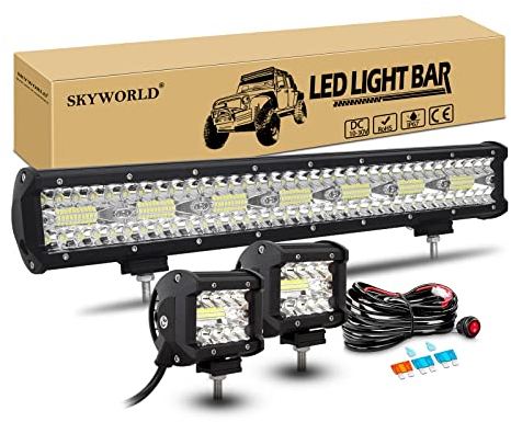 SKYWORLD LED Arbeitsscheinwerfer Bar, 50.8cm 420W Spot Flutlicht Zusatzscheinwerfer 12V 24V + 2 x 10cm 60W Offroad Scheinwerfer Arbeitslicht mit Kabelbaum Kippschalter für Traktor LKW Auto ATV SUV 4x4
