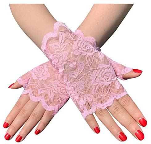 SHTGOI 1 paio di guanti da donna in pizzo corto da sposa, senza dita, con pizzo floreale, guanti da sole, guanti da matrimonio, per tea party, funerale, festa di nozze, Colore: rosa., 16*8.5cm