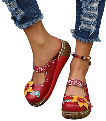 Osheoiso Sabots Femme Sandales Chaussures Compensées Clogs Mules Plateforme Sandales en Cuir Été Fille Vintage Pantoufles Chaussures Confort pour Pieds Larges