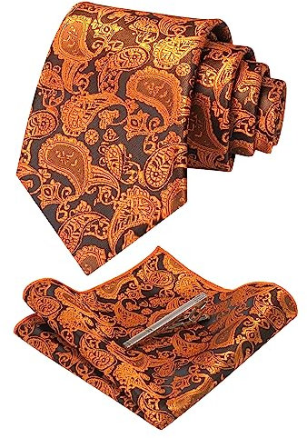 JEMYGINS orange 2 krawatte Paisley Seide Herren Krawatten und Einstecktuch mit krawattenklammer Sets