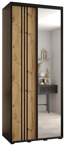 MEBLE KRYSPOL Davos 7 100 Schlafzimmerschrank mit Zwei Schiebetüren - Moderner Aufbewahrungsschrank mit Spiegel, Kleiderstange und Regalen - 235,2x100x60 cm - Schwarz Artisan Schwarz