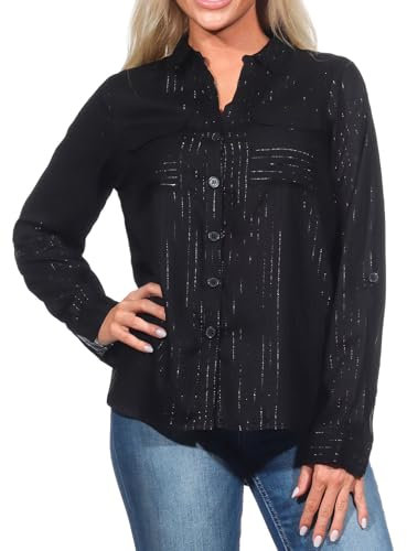 VERO MODA Damen Langarm Bluse Hemdbluse mit Glitzerfäden VMBumpy Glitter 10321777 Black Black Lurex L