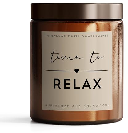 Interluxe Duftkerze im Apothekerglas - Time to relax - Kerze aus Sojawachs Kerze mit Spruch duftende Kerze im Glas